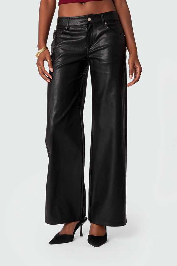 Edikted Faux Leather Straight Leg Pants Black