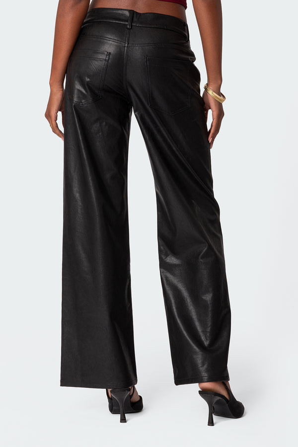 Edikted Faux Leather Straight Leg Pants Black