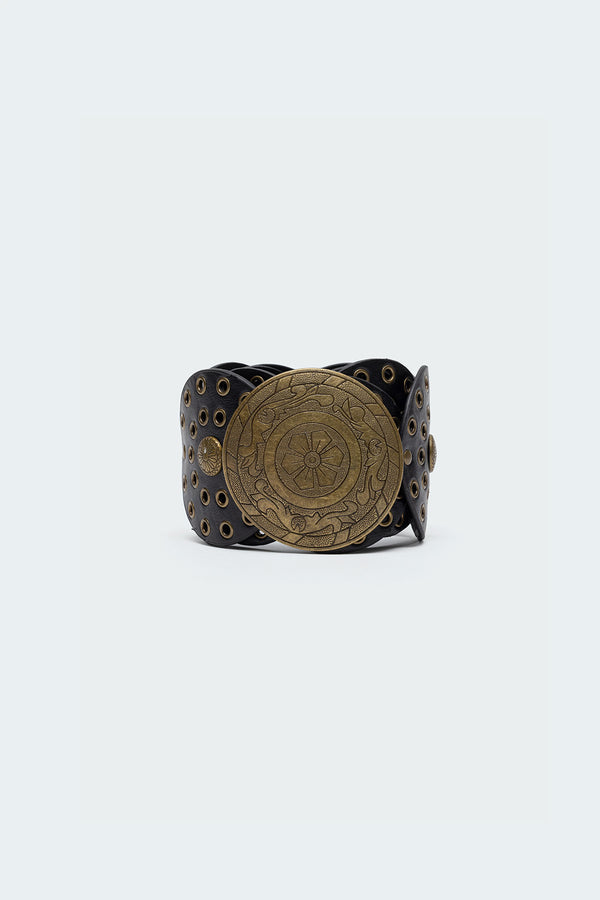 Edikted Faux Leather Western Disc Belt Black