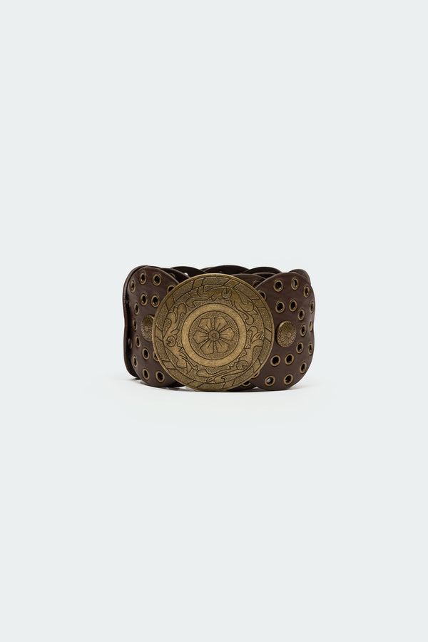 Edikted Faux Leather Western Disc Belt Brown