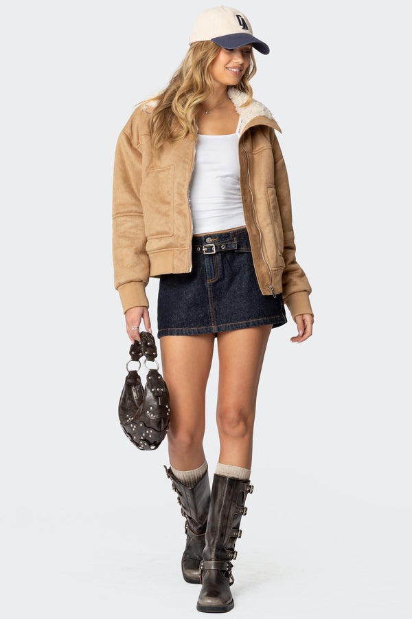 Edikted Faux Suede Shearling Bomber Jacket Tan