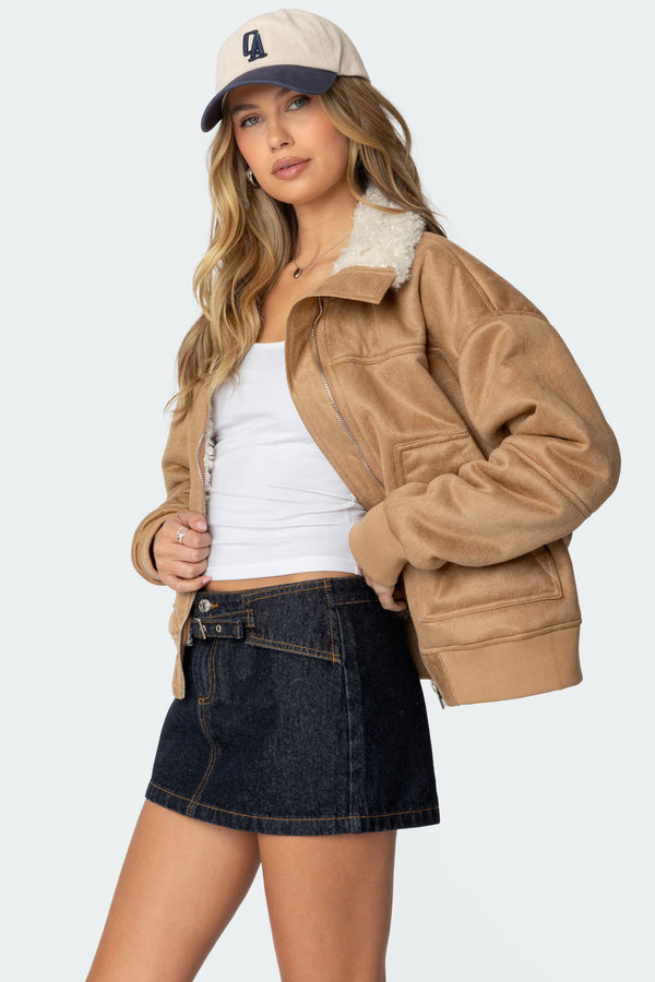 Edikted Faux Suede Shearling Bomber Jacket Tan