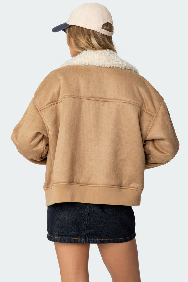 Edikted Faux Suede Shearling Bomber Jacket Tan