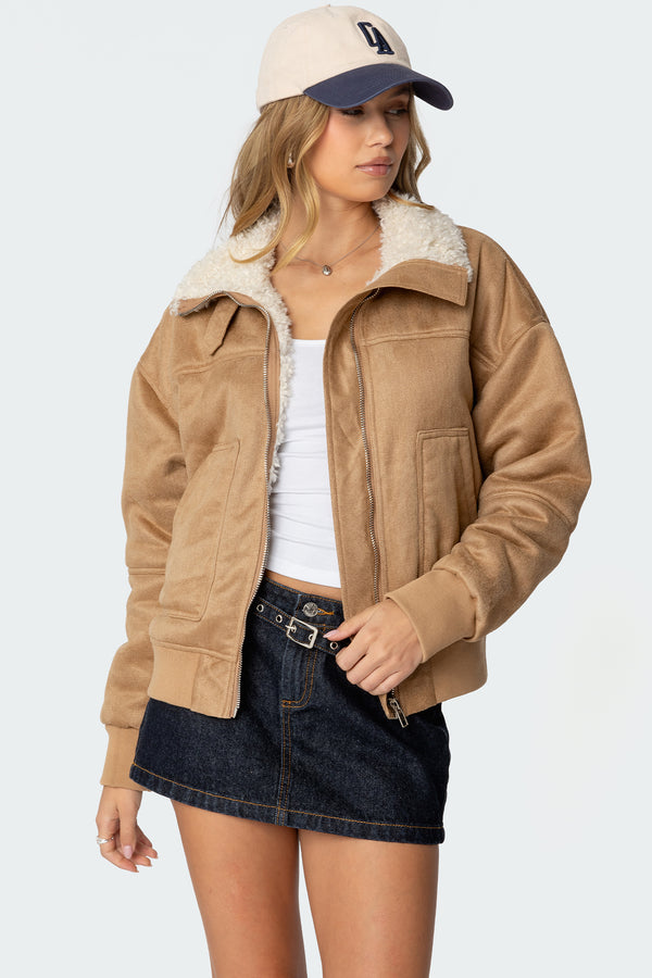 edikted Faux Suede Shearling Bomber Jacket tan