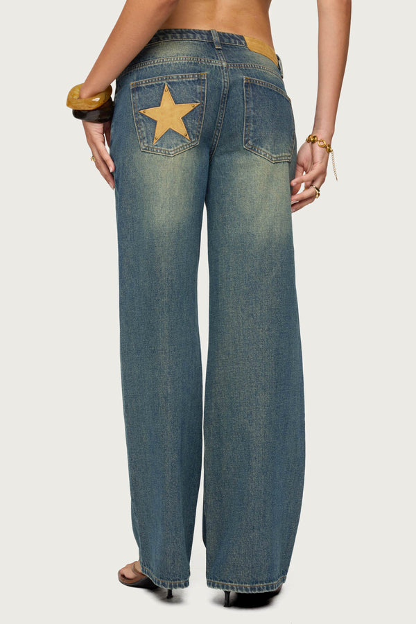 Edikted Faux Suede Star Low Rise Jeans Blue Washed