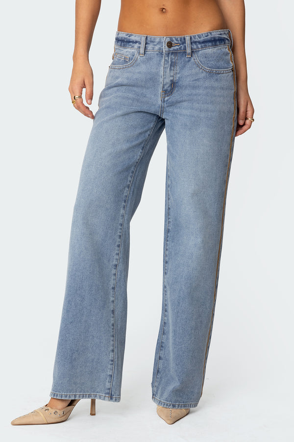 Edikted Faux Suede Stripe Low Rise Jeans Blue
