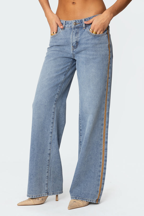 Edikted Faux Suede Stripe Low Rise Jeans Blue