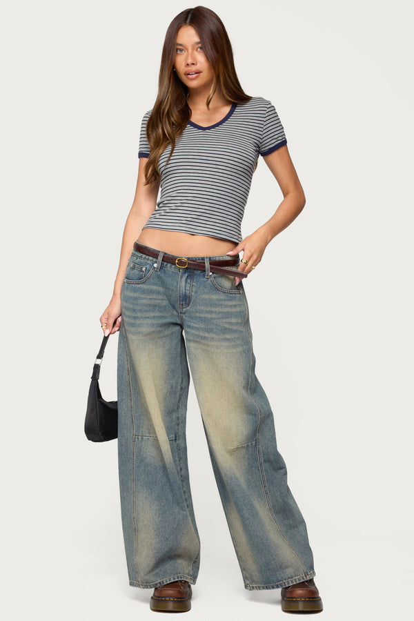 Edikted Fawn Striped V Neck T Shirt Gray Melange