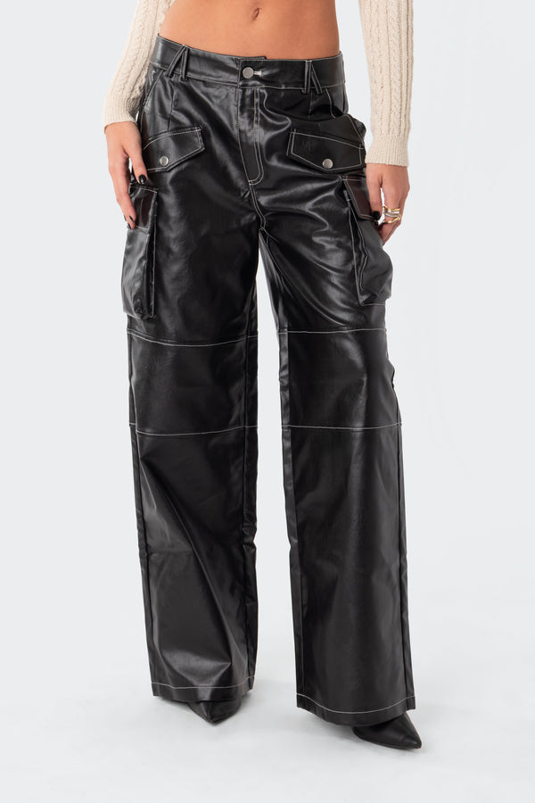 Edikted Faye Faux Leather Cargo Pants Black