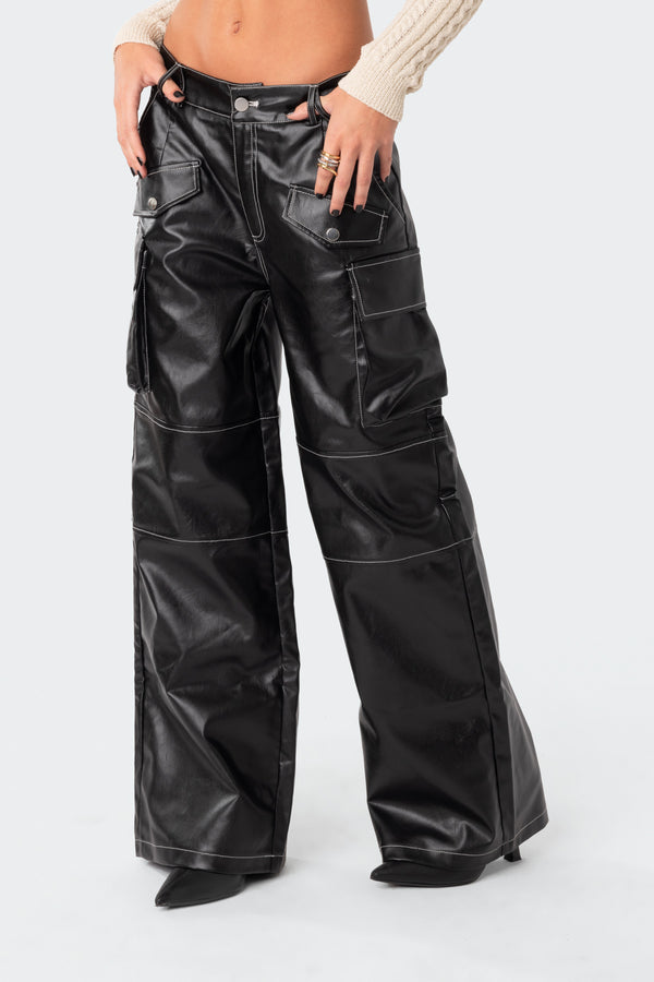 Edikted Faye Faux Leather Cargo Pants Black
