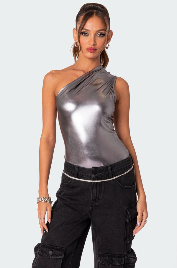 edikted Feona Gathered Metallic Bodysuit silver