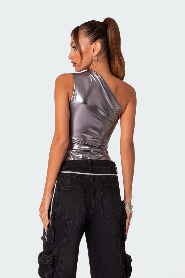Edikted Feona Gathered Metallic Bodysuit Silver