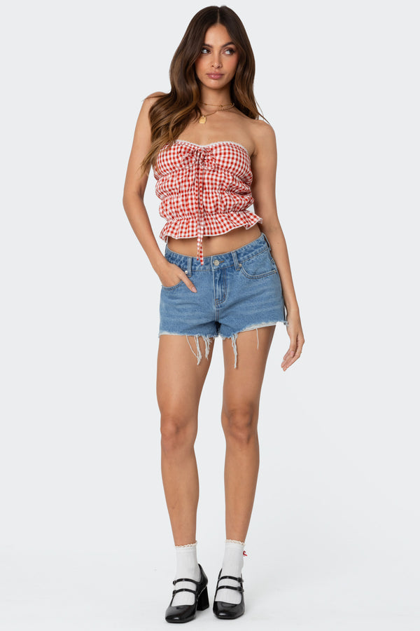 Edikted Fern Mid Rise Denim Shorts Blue