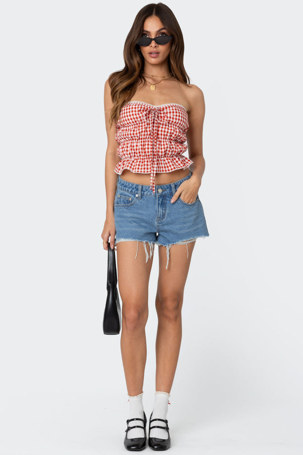 edikted Fern Mid Rise Denim Shorts blue