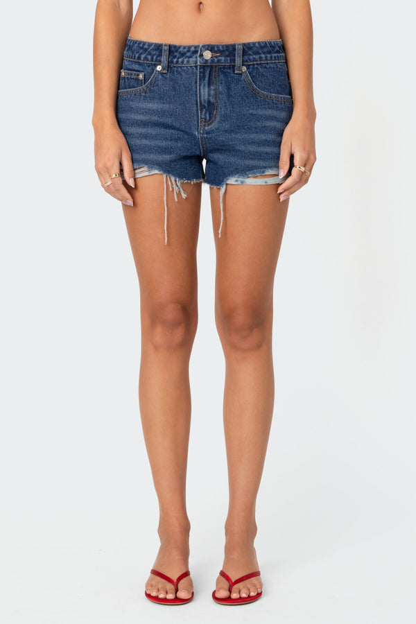 Edikted Fern Mid Rise Denim Shorts Blue Washed