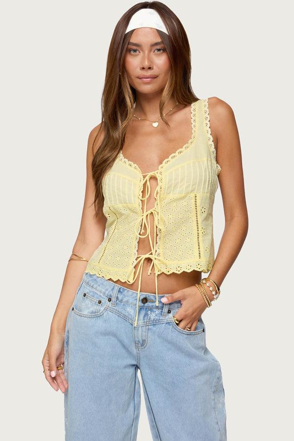 Edikted Fiore Eyelet Tie Front Top Yellow