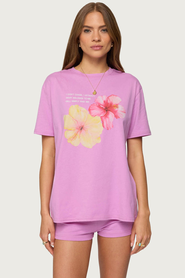 Edikted Fleur Hibiscus Graphic T Shirt Pink