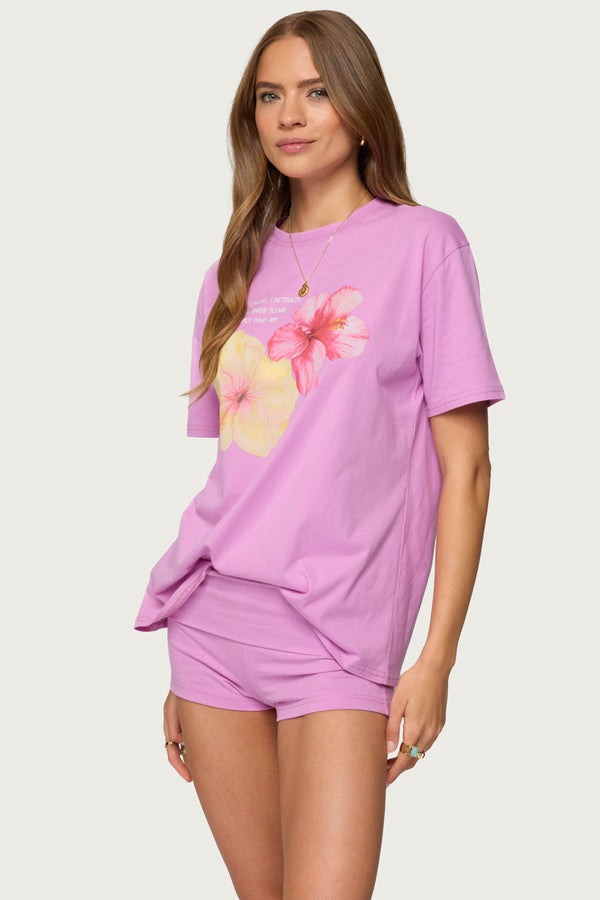 Edikted Fleur Hibiscus Graphic T Shirt Pink