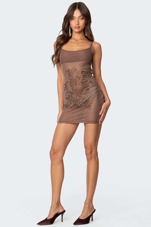 Edikted Flora Rhinestone Mesh Mini Dress Brown