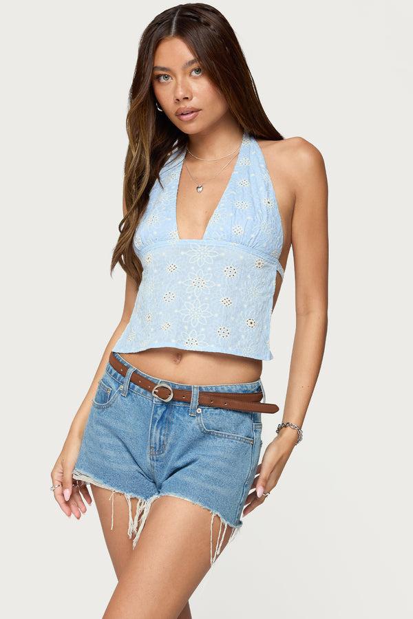 edikted Floral Eyelet Backless Halter Top blue