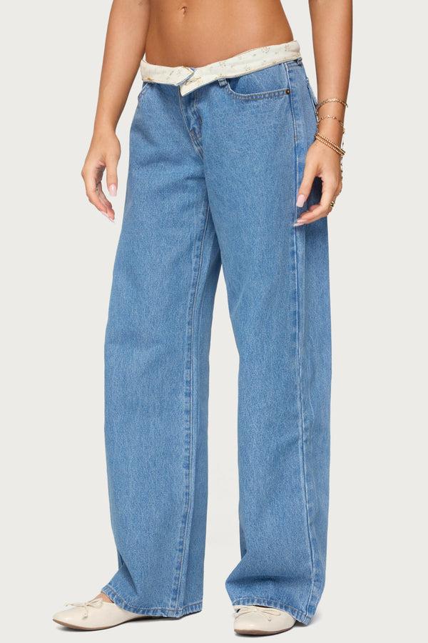 Edikted Floral Foldover Low Rise Jeans Blue