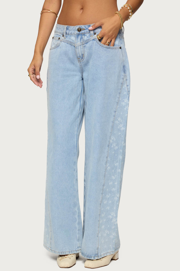 Edikted Floral Split Low Rise Jeans Blue Washed