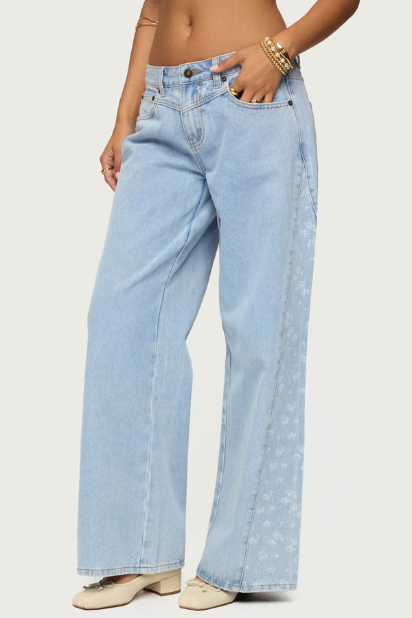 Edikted Floral Split Low Rise Jeans Blue Washed