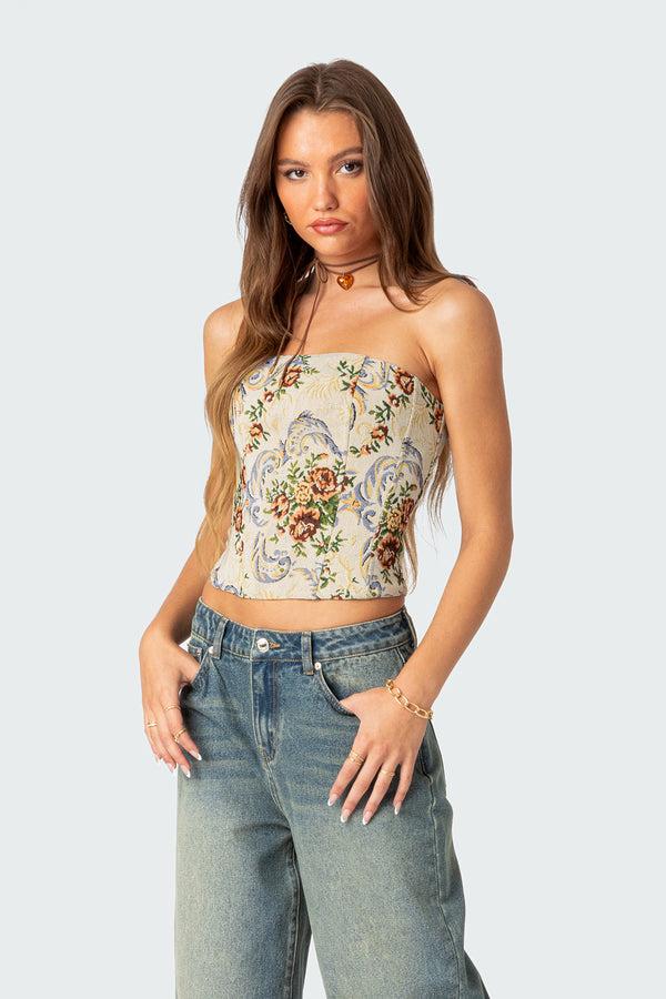 Edikted Floral Tapestry Lace Up Corset Cream