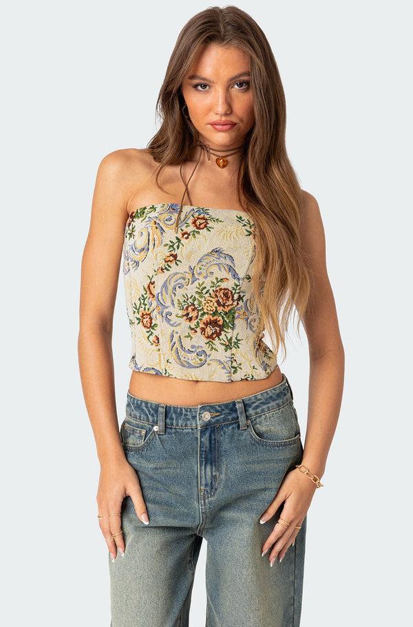 edikted Floral Tapestry Lace Up Corset cream