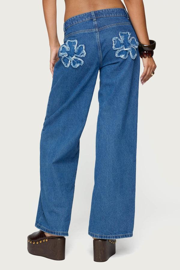 Edikted Flower Patch Low Rise Jeans Blue