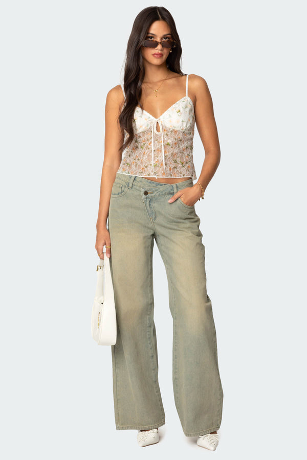 Edikted Flowery Sheer Embroidered Top Cream