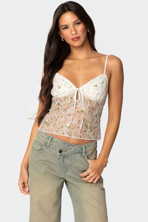 edikted Flowery Sheer Embroidered Top cream