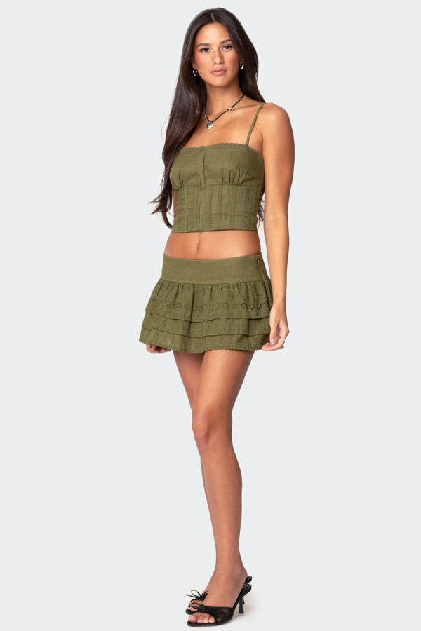 Edikted Fluer Ruffled Eyelet Mini Skort Olive