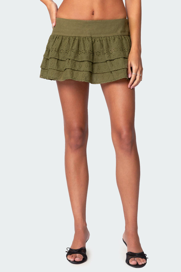 Edikted Fluer Ruffled Eyelet Mini Skort Olive