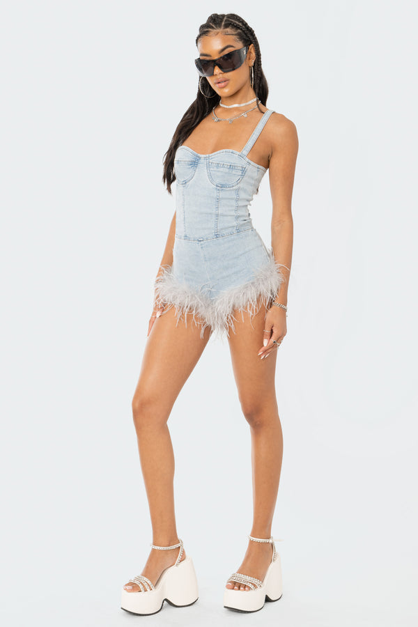 Edikted Fluffy Denim Romper Blue