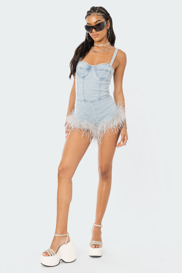 Edikted Fluffy Denim Romper Blue