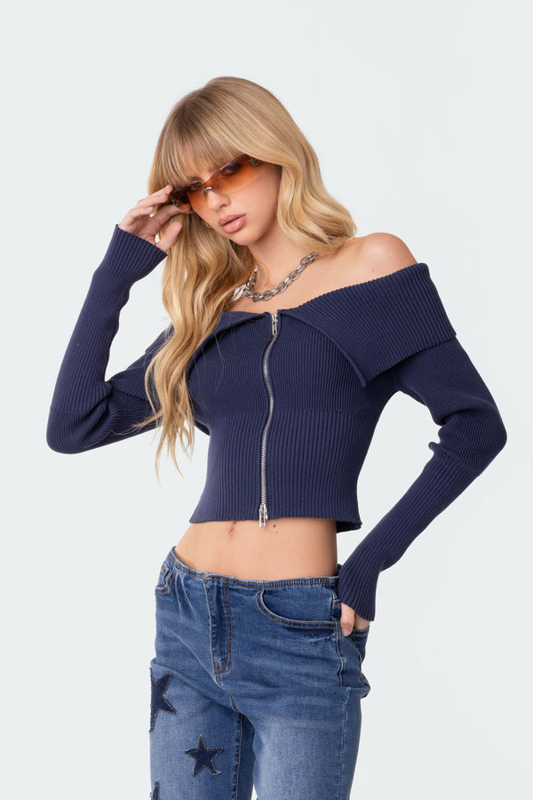 Edikted Fold Over Double Zip Knit Top Blue