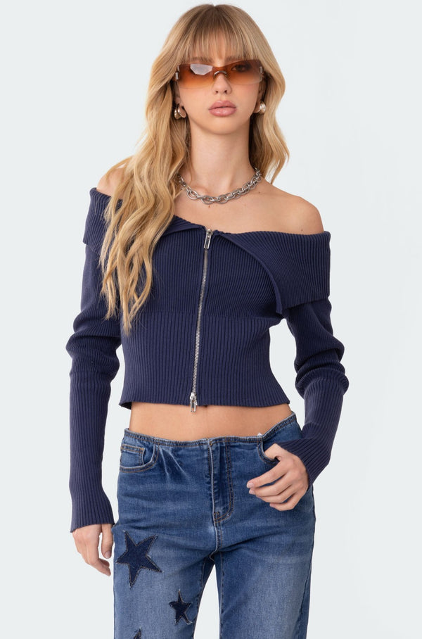 edikted Fold Over Double Zip Knit Top blue