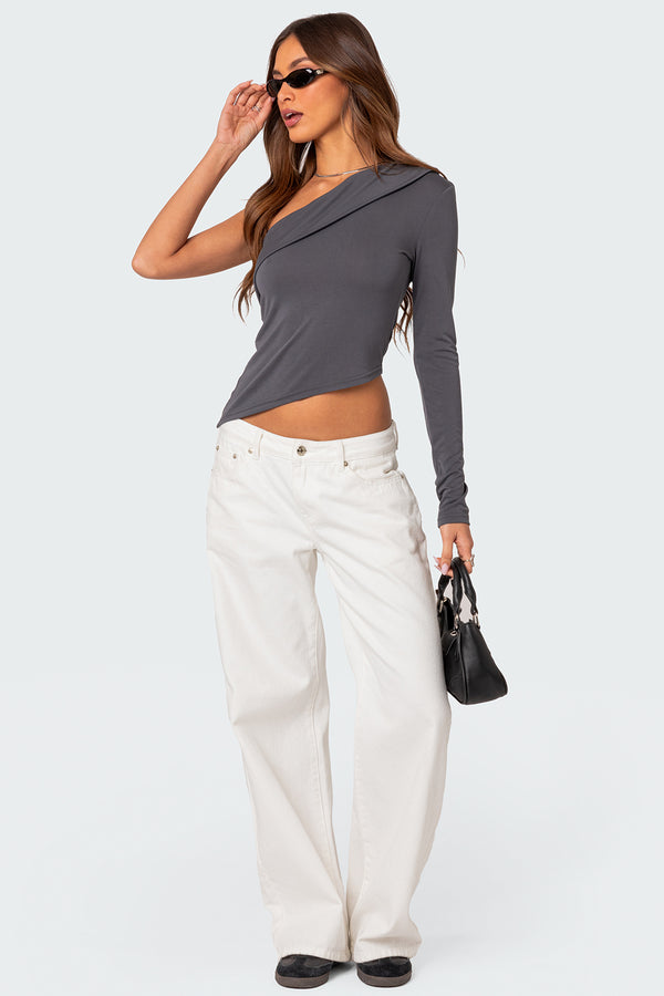 Edikted Fold Over One Shoulder Top Dark Gray