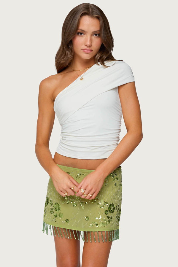 Edikted Fold Over Ruched One Shoulder Top White