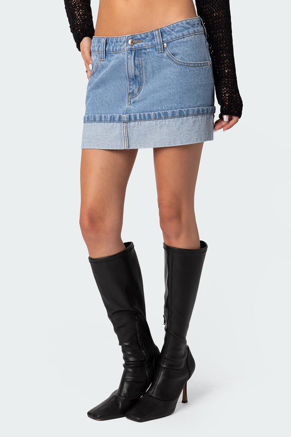 Edikted Folded Denim Mini Skirt Light Blue