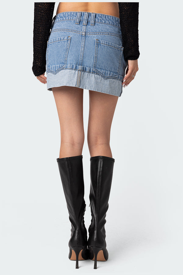 Edikted Folded Denim Mini Skirt Light Blue