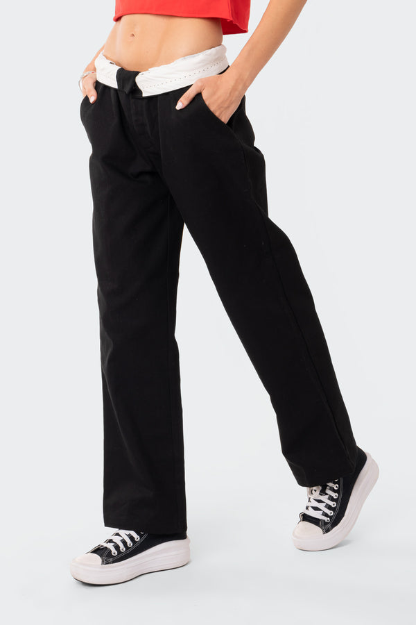 Edikted Folded Wide Leg Chino Pants Black