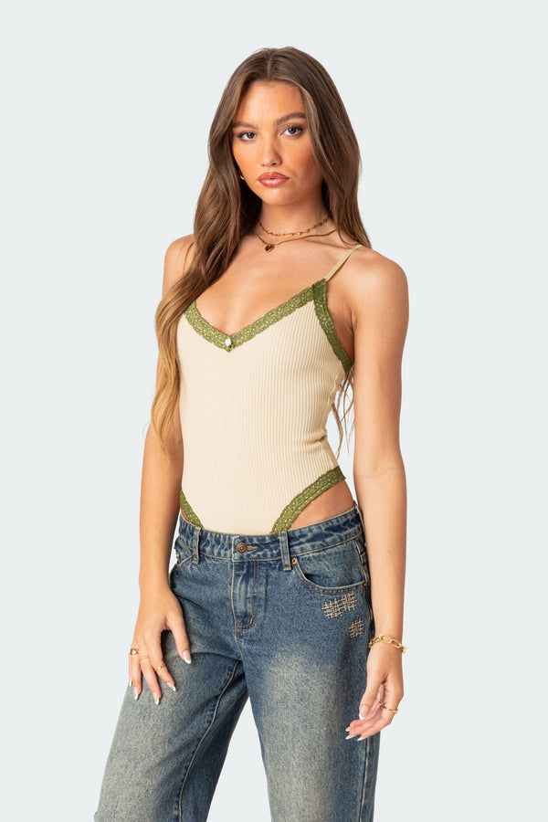 Edikted Forest Lacey Ribbed Bodysuit Beige