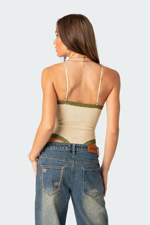 Edikted Forest Lacey Ribbed Bodysuit Beige