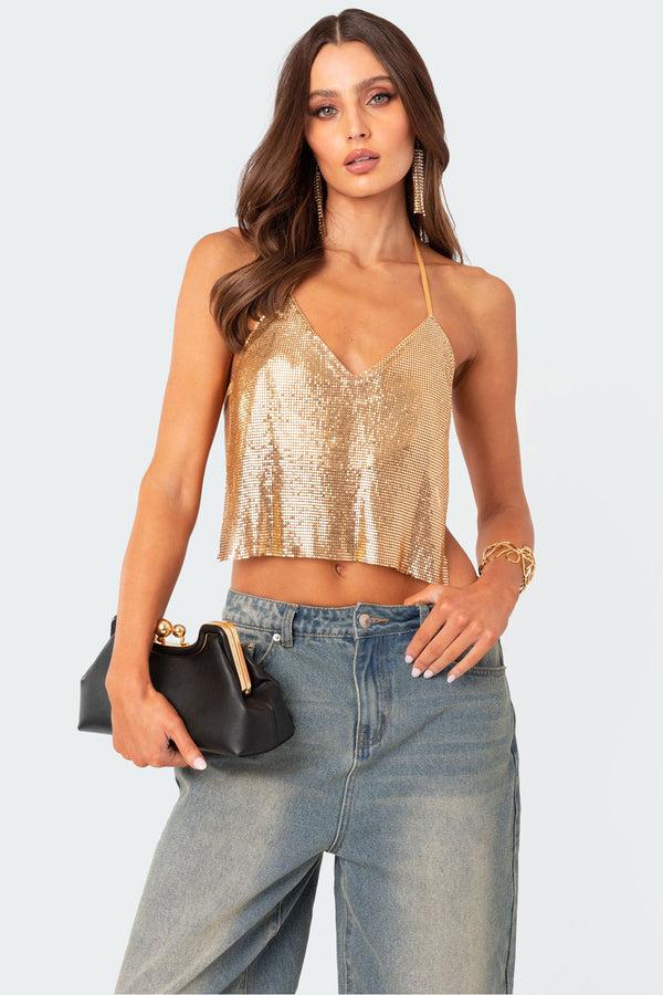 edikted Forever Chainmail Open Back Top gold
