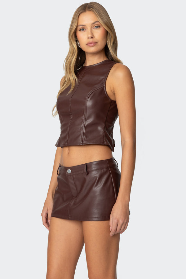 Edikted Frances Backless Faux Leather Top Brown