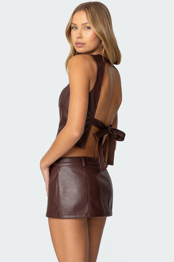 edikted Frances Backless Faux Leather Top brown