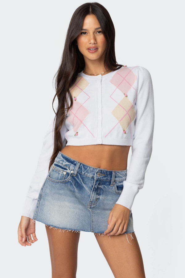edikted Francis Cropped Argyle Knit Cardigan white