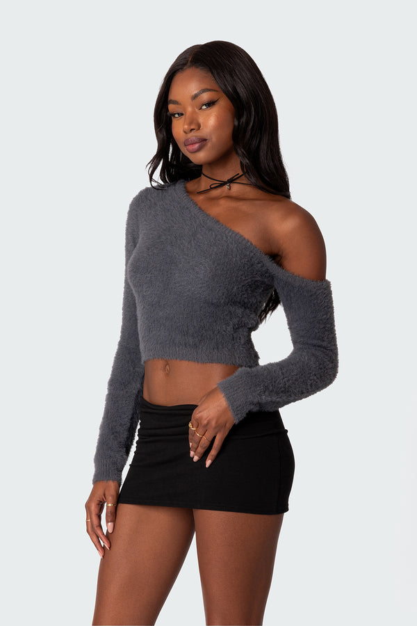Edikted Frannie One Shoulder Fuzzy Knit Top Gray